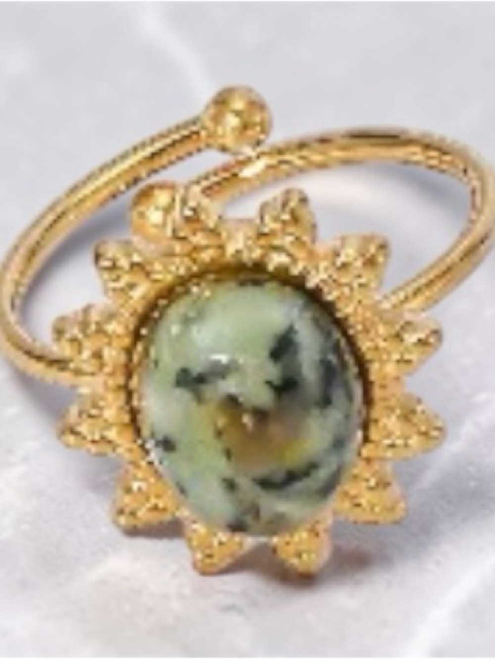 Gold plated Sunburst modern adjustable Ring with Green Jasper Center